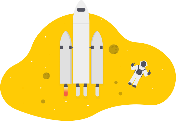 rocket ship in space with astronaut floating alongside