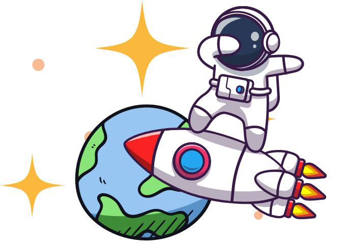 A cute illustration of an astronaut dabbing while riding on a rocket in space with the Earth and stars in the background.